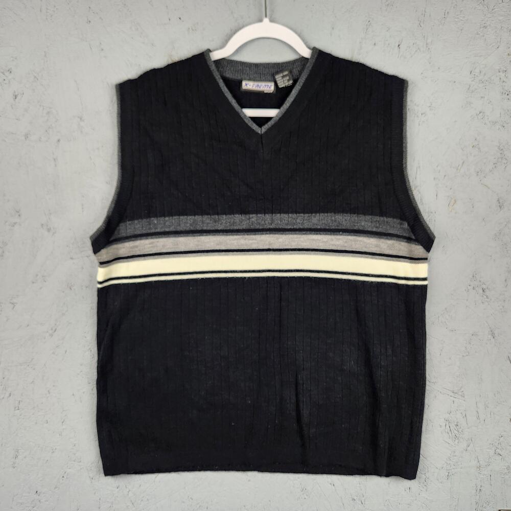 X-Treme Gear Sweater Vest Mens XL Gray Black Striped V Neck Knit Acrylic